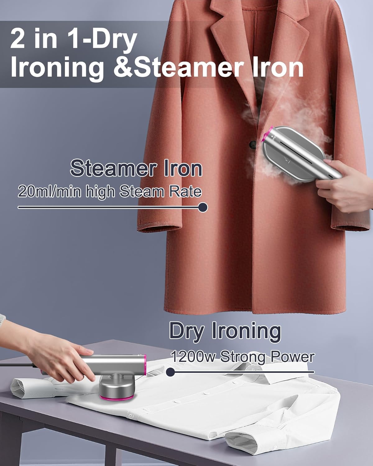 Travel Steamer for Clothes - 2-in-1 Handheld Garment Steamer and Steam Iron, 10s Fast Heat-Up 1200W, 90° Rotatable Head for Flat and Hanging Ironing, Portable Mini Ironing for Home and Travel