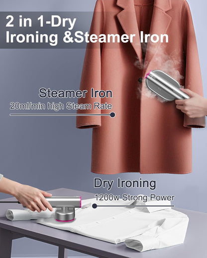 Travel Steamer for Clothes - 2-in-1 Handheld Garment Steamer and Steam Iron, 10s Fast Heat-Up 1200W, 90° Rotatable Head for Flat and Hanging Ironing, Portable Mini Ironing for Home and Travel